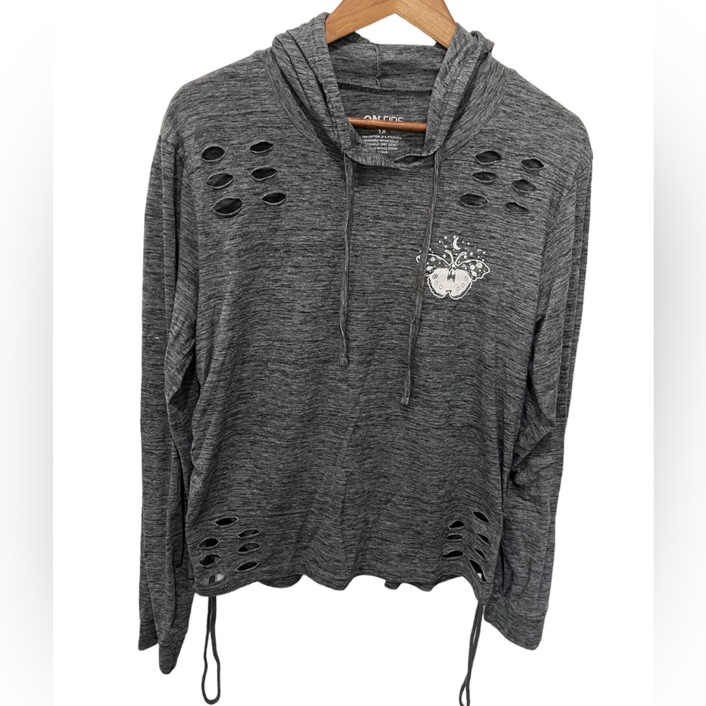 ON FIRE HEATHER GRAY BUTTERFLY DISTRESSED RUCHED HOODIE SHIRT SIZE 1X